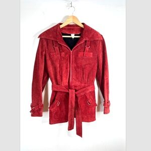Vintage 70s Red Suede Jacket S Belted Wool Liner Rust Boho Retro Wide Collar Zip